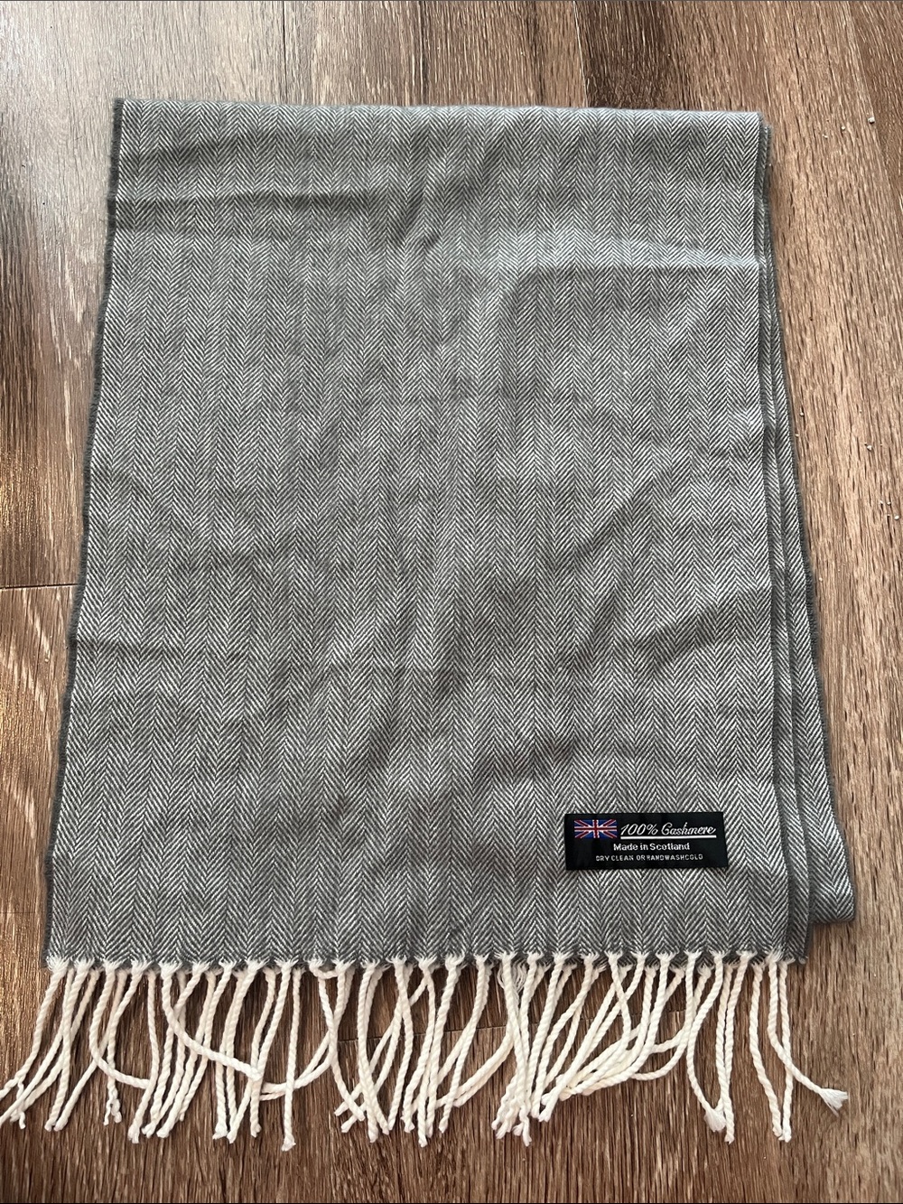 Grey Herringbone Cashmere Scarf with Cream Fringe